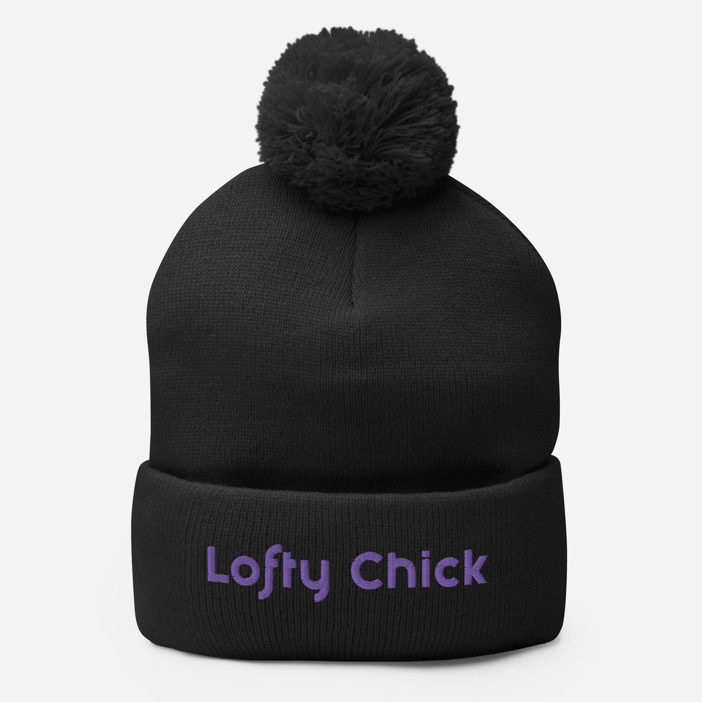 Pom-Pom Beanie with Lofty Chick Logo in Black with Purple Logo