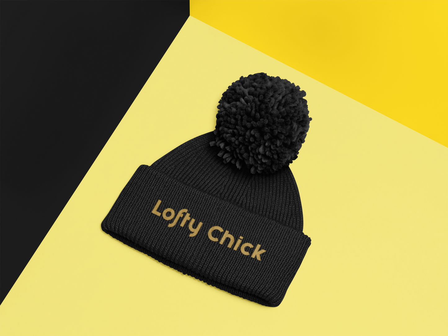 Pom-Pom Beanie with Lofty Chick Logo in Black with Gold Logo